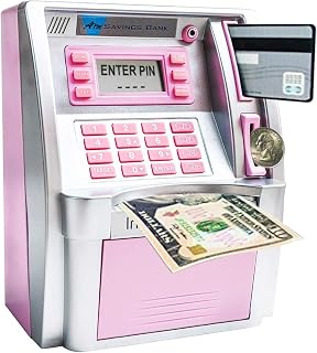 2026 Upgraded ATM Savings Bank for Real Money for Adults Kids with Card Mini ATM Piggy Bank Machine for Boys Girls, Password Login,Coin Recognition,Balance Calculator,Electronic Safe Box (Silver/Pink)