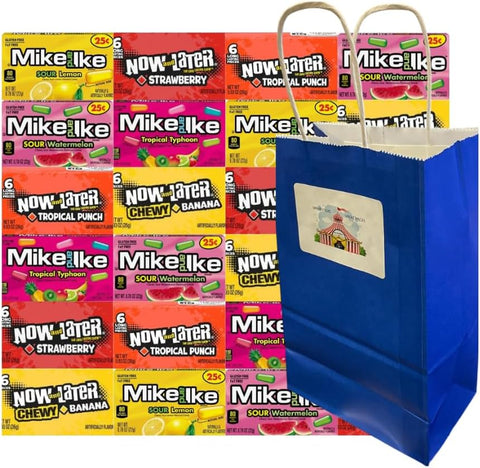 Assorted Candy Mix 24 Pack – Individually Wrapped Mike and Like & Now and Later – 4 Each Flavor – Sour Lemon, Watermelon, Punch, Typhoon, Strawberry Banana – w/Blue Paper Gift Bag