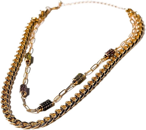 Charming Charlie 2-Layered Gold-Plated Necklace - Chain Link with Green and Purple Charms and Curb Chain - Women's Captivating Layered Necklace for Radiant Elegance.