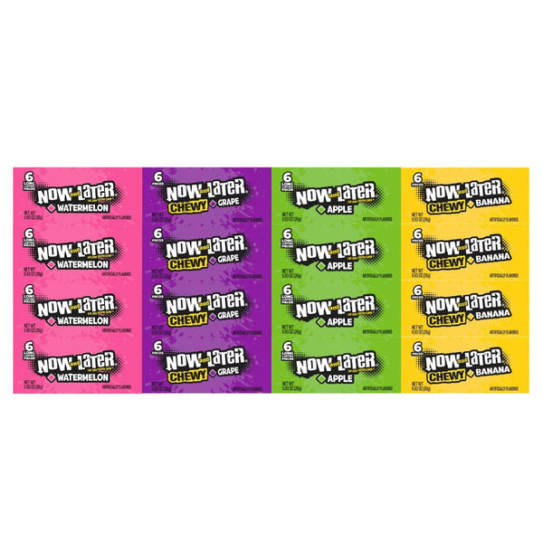 Generic Candy Assortment Now And Later, 4 Flavors - Watermelon, Grape, Apple, Banana - Chewy & Long-lasting Fruit Candy, 0.93 Oz, 4 Of Each Flavor, 16 Pack