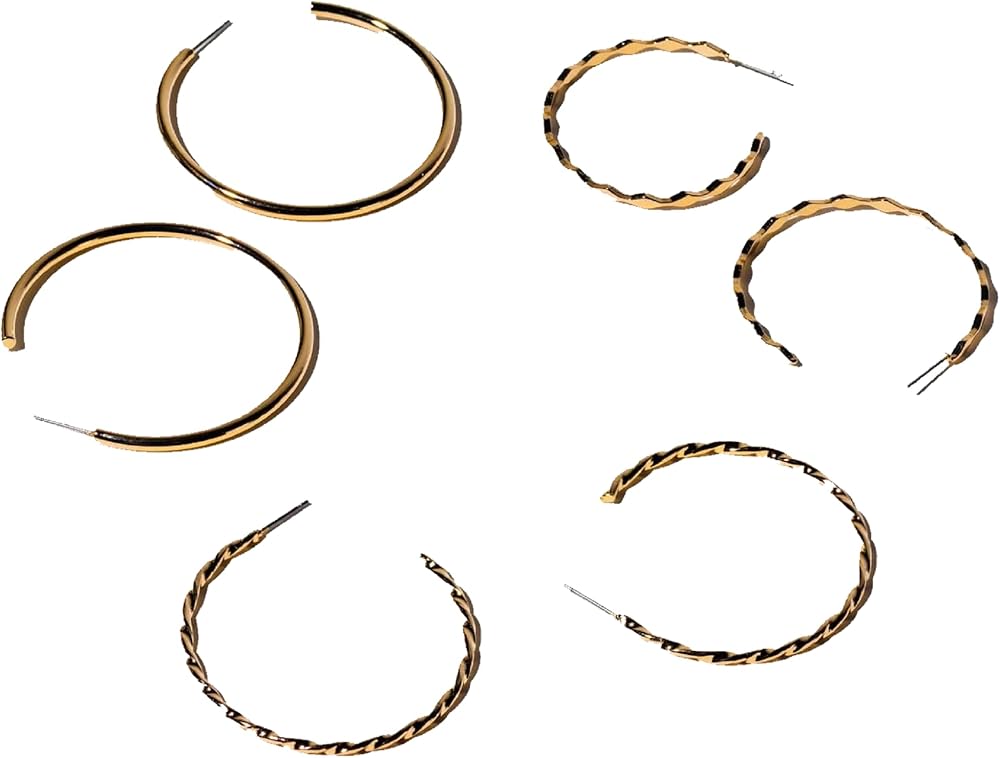 Charming Charlie 3 Pairs of Gold-Plated Jewelry Hoop Earrings Set with Diverse Designs for Women - Versatile Elegance for All Occasions.