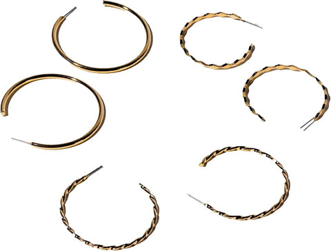 Charming Charlie 3 Pairs of Gold-Plated Jewelry Hoop Earrings Set with Diverse Designs for Women - Versatile Elegance for All Occasions.