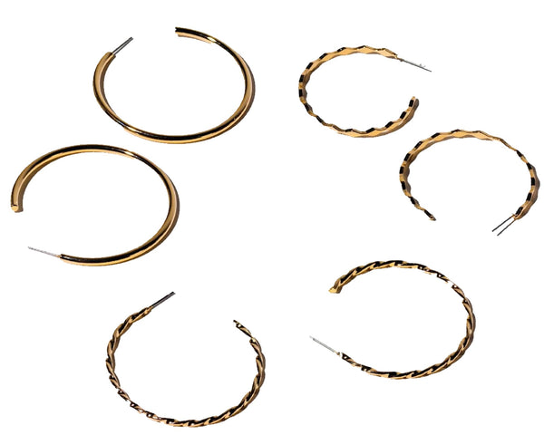 Charming Charlie 3 Pairs of Gold-Plated Jewelry Hoop Earrings Set with Diverse Designs for Women - Versatile Elegance for All Occasions.