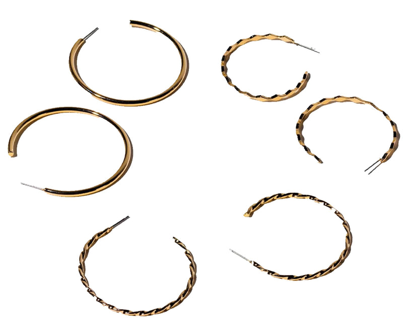 Charming Charlie Gold-Plated 3-Pair Hoop Earrings Set - Diverse Designs for Women, Perfect for Everyday and Special Occasions.