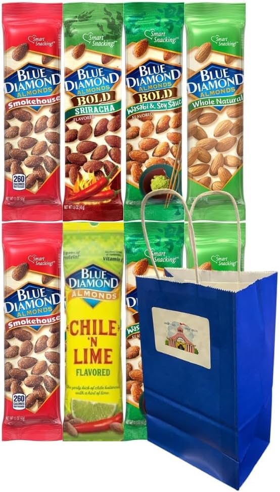 Variety Pack Diamond Almonds 8ct – Smokehouse, Chile 'n Lime, Wasabi & Soy Sauce, Whole Natural – 1.5oz Each – Includes Blue Paper Gift Bag – On-the-Go Healthy Protein Nuts