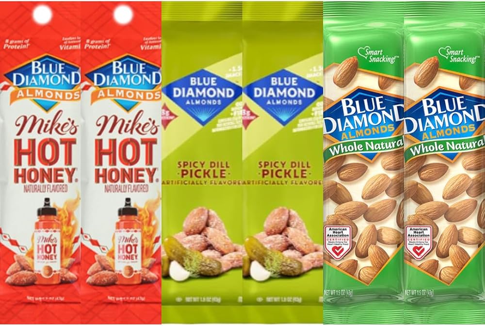 Diamond Almonds Variety Pack, Hot Honey, Spicy Dill Pickle & Whole Natural Almonds, 1.5 oz Bags, 6 Pack, 2 Bags Each Flavor