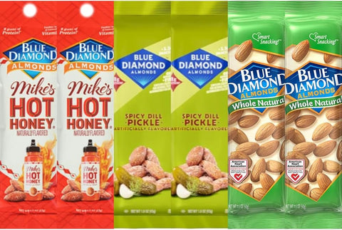 Diamond Almonds Variety Pack, Hot Honey, Spicy Dill Pickle & Whole Natural Almonds, 1.5 oz Bags, 6 Pack, 2 Bags Each Flavor