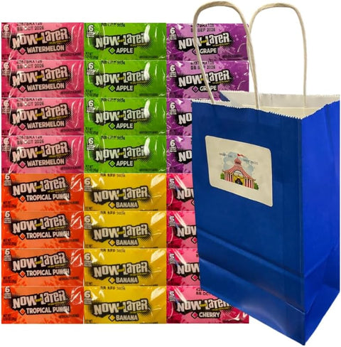 Variety Pack Now and Later Chewy Candy 24 Count – Assorted Flavors Cherry, Tropical Punch, Grape, Watermelon, Apple, Banana – Individually Wrapped Taffy Candy with Blue Paper Gift Bag 5.25x3.2x8