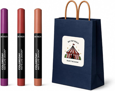 3-Piece Matte Lip Crayon Revlon Gift Set - Nude, Pink & Mauve Rose Shades, Long Lasting Velvet Lipstick Makeup Bulk Pack for Women, White Office Party Game Prize & Secret Santa Stocking Stuffer