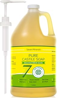 Seven Minerals EWG Verified Castile Soap - 1 Gallon, No Palm Oil, Unscented Mild & Gentle Skin Cleaning, For Sensitive Skin, Baby Wash, Soothing, Non GMO & Vegan Formula with Organic Carrier Oils