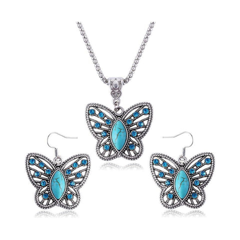 Big TOP DEALS USA Turquoise Jewelry Butterfly Pendant Vintage Necklace and Earring Set – Bohemian Style for Women – Western Fashion Gift for Her – Elegant Statement Accessories