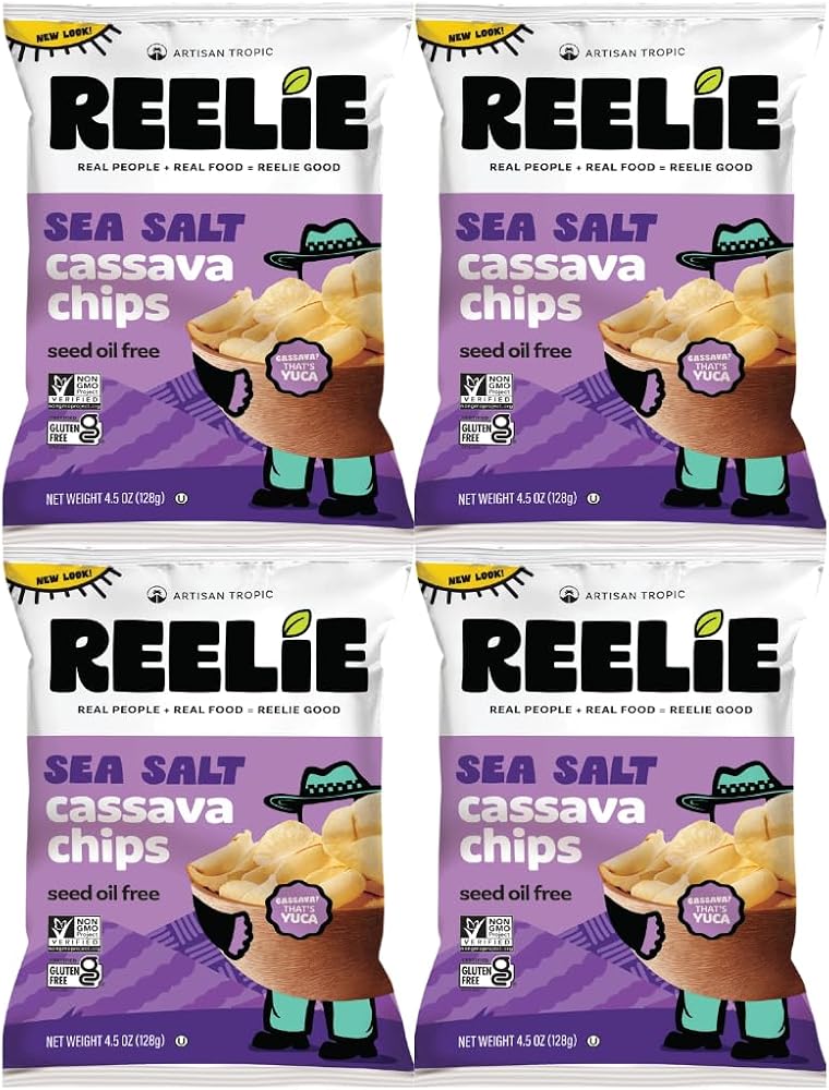 Sea Salt Cassava Chips Reelie, Gluten Free Vegan Snack Chips, Crispy Cassava Root Chips with Sea Salt, Non-GMO Grain Free Paleo Friendly Snack, 4.5 Oz Bags, Pack of 4