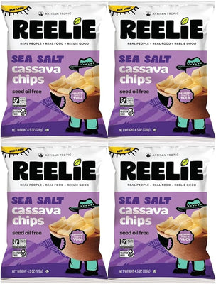 Sea Salt Cassava Chips Reelie, Gluten Free Vegan Snack Chips, Crispy Cassava Root Chips with Sea Salt, Non-GMO Grain Free Paleo Friendly Snack, 4.5 Oz Bags, Pack of 4