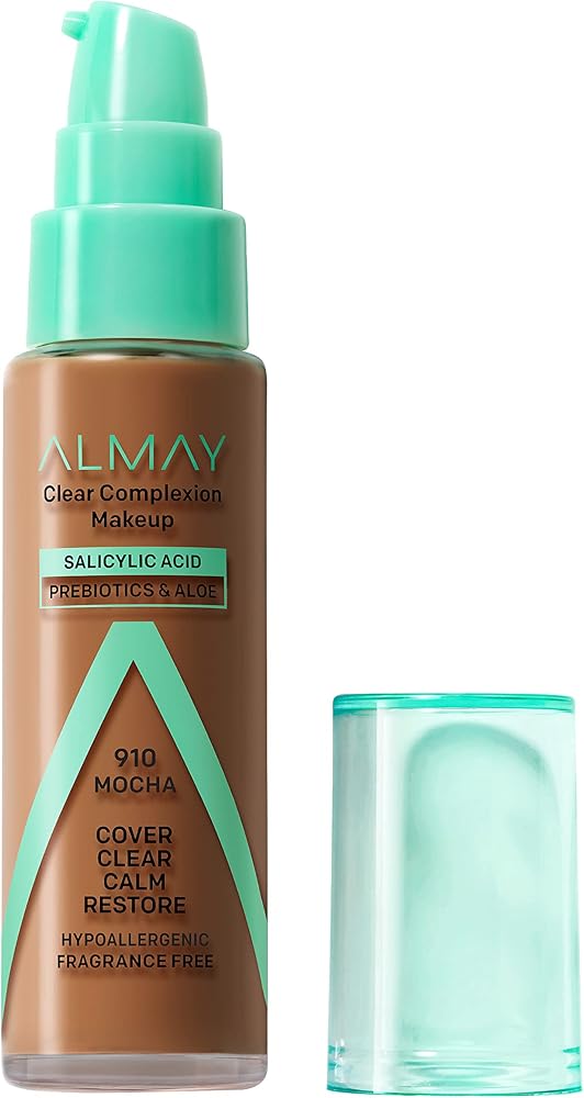 Almay Clear Complexion Acne Foundation Makeup with Salicylic Acid, Medium Coverage, Soft Matte Finish, Hypoallergenic, Cruelty- & Fragrance-Free, Dermatologist Tested, 910 Mocha, 1 fl oz