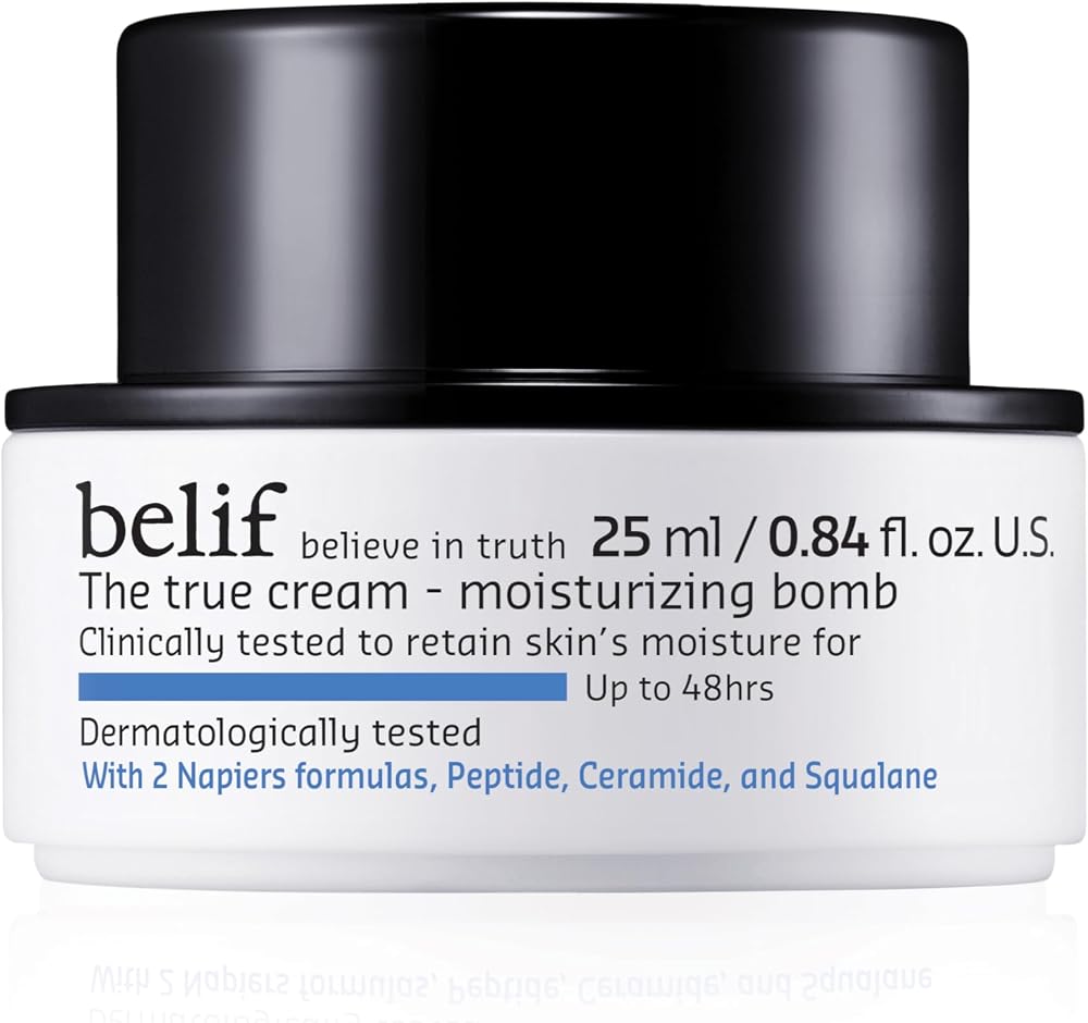 Belif Moisturizing Bomb – Daily Ceramide Moisturizer with Peptide & Squalane, 48hr Hydration & Anti-Aging Cream, Milky & Lightweight, Restores Skin Barrier, Korean Skincare, 0.84 fl oz (25ml)