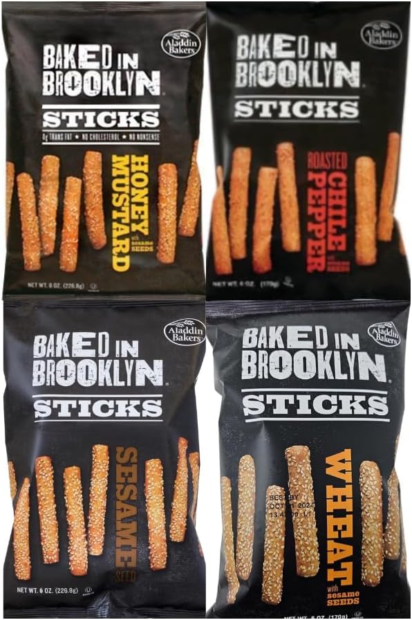 Variety Pack Baked In Brooklyn Sticks - Honey Mustard, Roasted Chile Pepper, Sesame, Wheat with Sesame Seeds - 4 Flavors - 6 Oz Each - 4 Pack - Perfect Snack for Parties, Lunches, and On-the-Go