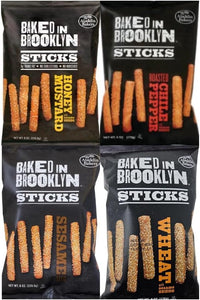 Variety Pack Baked In Brooklyn Sticks - Honey Mustard, Roasted Chile Pepper, Sesame, Wheat with Sesame Seeds - 4 Flavors - 6 Oz Each - 4 Pack - Perfect Snack for Parties, Lunches, and On-the-Go