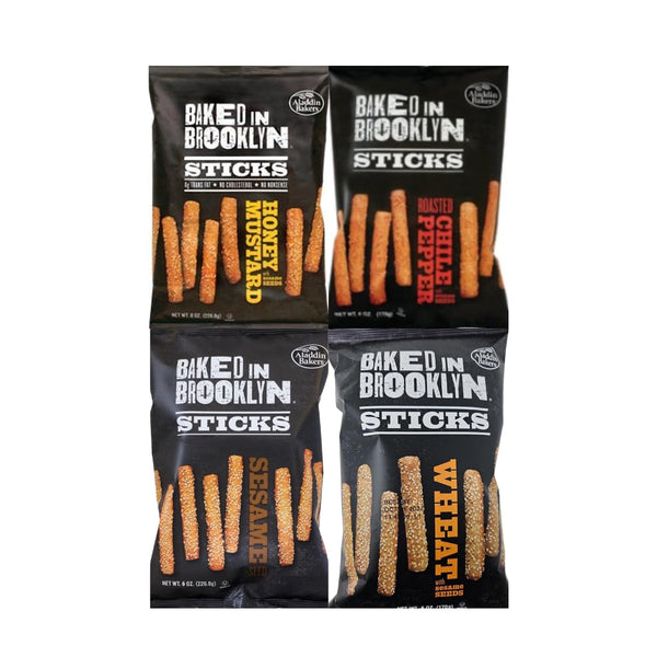 Variety Pack Baked In Brooklyn Sticks - Honey Mustard, Roasted Chile Pepper, Sesame, Wheat with Sesame Seeds - 4 Flavors - 6 Oz Each - 4 Pack - Perfect Snack for Parties, Lunches, and On-the-Go