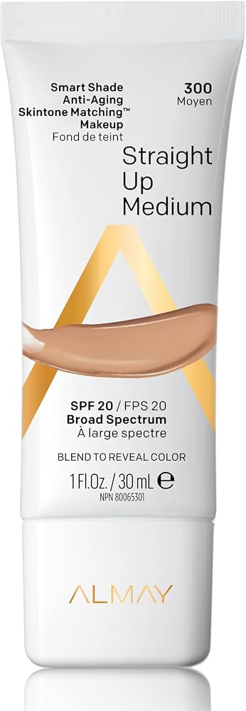 Almay Anti-Aging Foundation, Smart Shade Skintone Matching Makeup, Natural Finish with SPF 20, HypoallergenicFragrance Free, Dermatologist Tested, 300 Straight Up Medium, 1 Oz