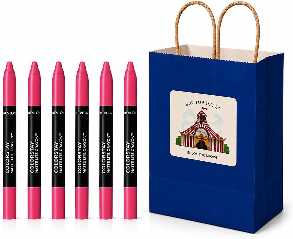 6-Piece Matte Lip Crayon Gift Set - Revlon 005 Sky High Bright Pink Shade, Long Lasting Velvet Lipstick Makeup Bulk Pack for Women, Office Party Game Prize & Secret Santa Stocking Stuffer