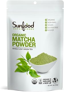 Sunfood Superfoods Organic Matcha Powder - Matcha Green Tea Latte Powder, Enjoy Iced or Hot, Caffeinated, Zero Added Sugar, Non GMO, USDA Organic, Gluten Free, Vegan - 4 oz