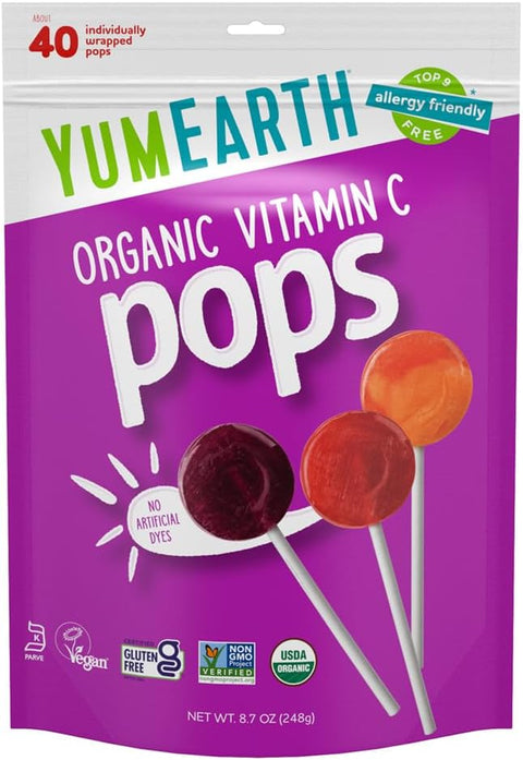 YumEarth Organic Vitamin C Pops Variety Pack, 40 Fruit Flavored Favorites Lollipops, Allergy Friendly, Gluten Free, Non-GMO, Vegan, No Artificial Dyes