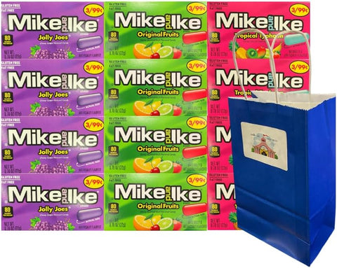 Variety Pack Mike and Ike Chewy Fruit Candy – Jolly Joes, Original Fruits, Tropical Typhoon – 4 Each Flavor – Assorted Bulk Candy 12 Pack – 0.78 oz Bags – With Blue Treat Paper Bag