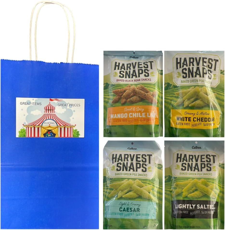 Big Top Deals USA Snack Variety Bundle – 4-Pack Veggie Chips in Assorted Flavors – Caesar, Lightly Salted, Mango Chili Lime & White Cheddar – Custom Blue Paper Bag (5.25x3.2x8 in)