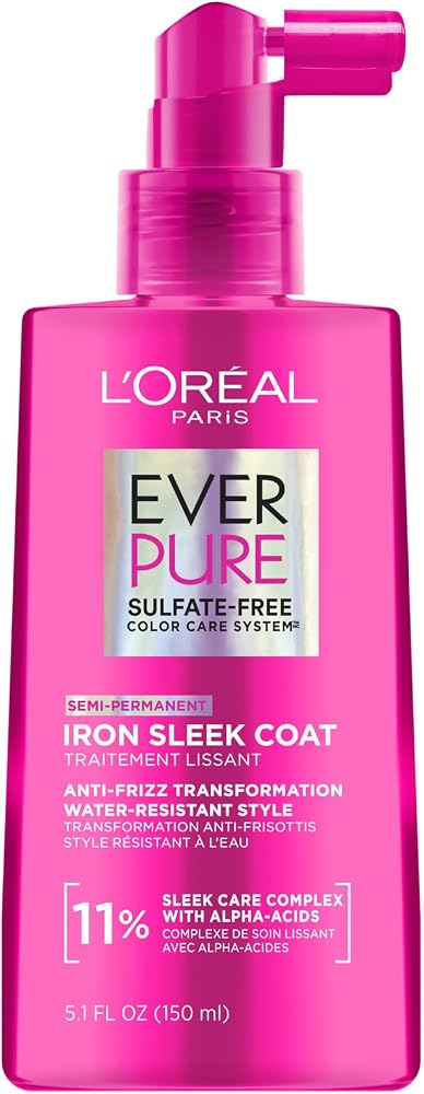 L'Oreal Paris Sulfate Free Iron Sleek Coat, Anti-Frizz Hair Treatment Spray with Heat Protection & Humidity Protection, Semi-Permanent Smoothing, Suitable for Color-Treated Hair, EverPure, 5.1 fl oz