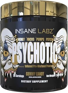 Insane Labz Psychotic Gold, High Stimulant Pre Workout Powder, Extreme Lasting Energy Focus, Pumps and Endurance with Beta Alanine, DMAE Bitartrate, NO Booster (35 Servings, Gummy Candy)