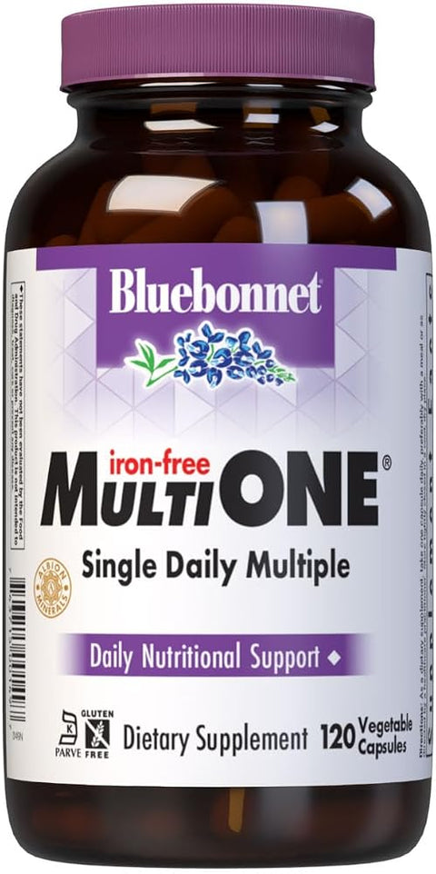 Bluebonnet Nutrition Multi One (Iron Free) Vegetable Capsules, Complete Full Spectrum Multiple, B Vitamins, General Health, Gluten Free, Milk Free, Kosher, 120 Count
