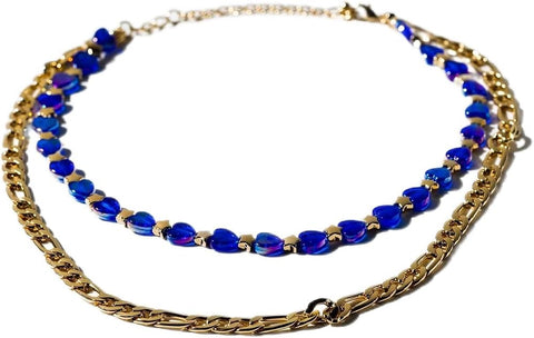 Charming Charlie 2-layered Turquoise Heart And Gold Star Beaded With Gold Plated Figaro Chain Necklace - Women's Layering Jewelry.