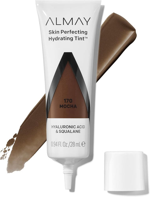 Almay Hydrating Liquid Foundation Tint, Lightweight with Light Coverage, Naturally Dewy Finish, Hypoallergenic, Dermatologist TestedFragrance Free, 170 Mocha, 0.94 fl oz.