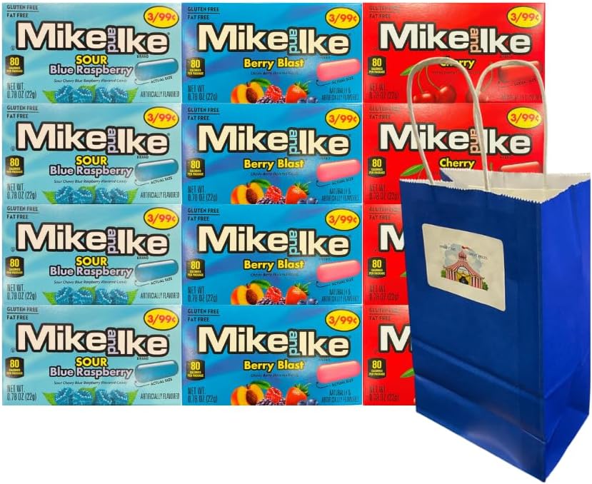 Variety Pack Mike and Ike - Assorted Chewy Candy, Sour Blue Raspberry, Berry Blast, Cherry Flavors - 12 Pack (0.78 oz each), Individually Wrapped, Blue Paper Bag - 5.25x3.2x8 Inch