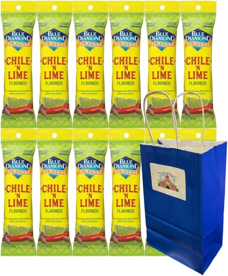 Big Top Deals USA 5.25x3.2x8 Blue Paper Bag with Diamond Almonds Chile 'n Lime 1.5oz 12-Pack – Snack Pack for Events, Gift Bags, Party Favors, Corporate Treats, Travel