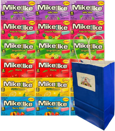 Variety Pack Mike and Ike Candy 18 Count – Includes 3 Each of Jolly Joes, Tropical Typhoon, Original Fruits, Cherry, Sour Lemon, Berry Blast – Fruity Chewy Candy with Blue Paper Gift Bag