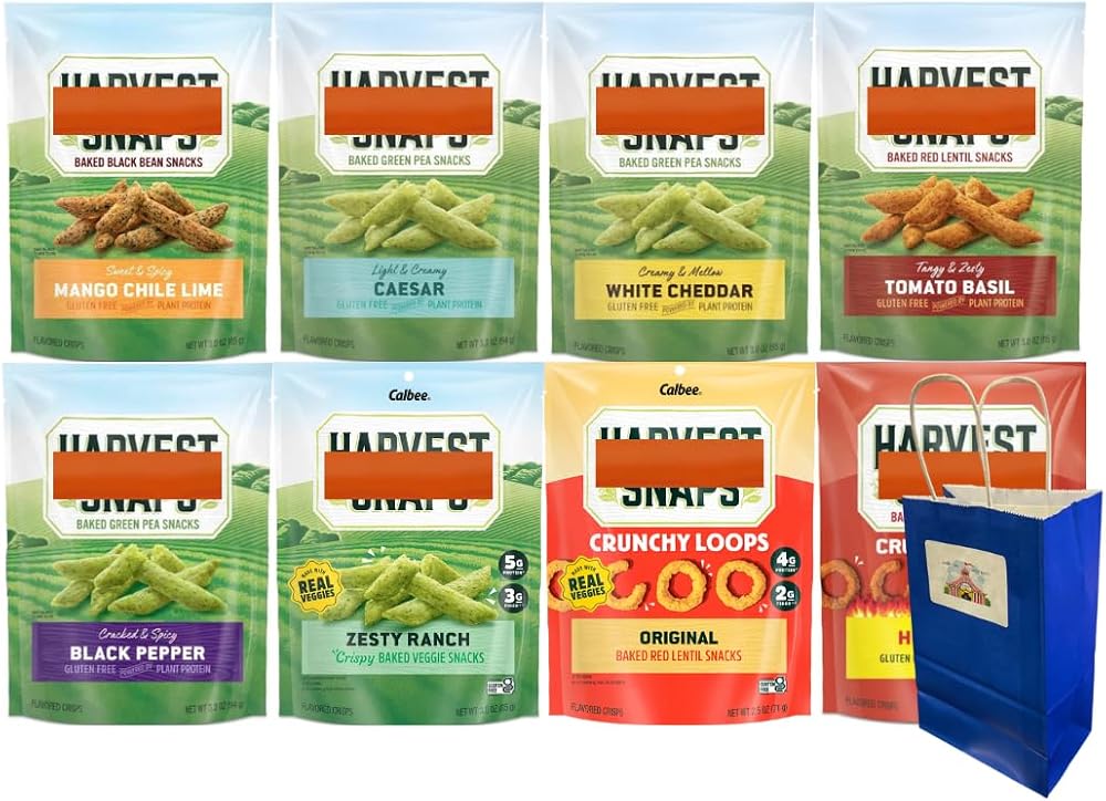 Big Top Deals USA 8-Pack Veggie Chips Custom Bundle - White Cheddar, Zesty Ranch, Tomato Basil, Mango Chili Lime, Black Pepper, Original, Hot & Spicy, Caesar – Harvest Snaps - 5.25x3.2x8 Blue Bag
