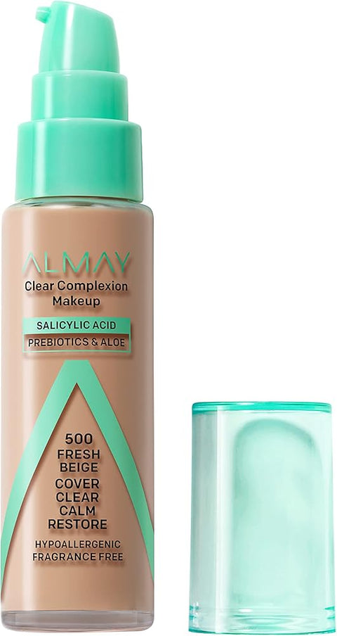 Almay Clear Complexion Acne Foundation Makeup with Salicylic Acid, Medium Coverage, Soft Matte Finish, Hypoallergenic, Cruelty- & Fragrance-Free, Dermatologist Tested, 500 Fresh Beige, 1 fl oz