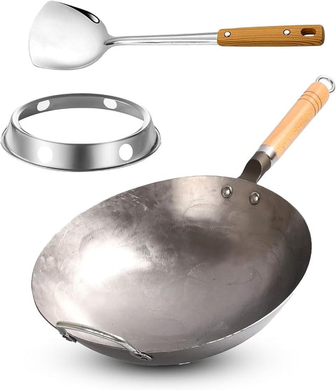 Carbon Steel Wok Pan, Stir Fry Pans, 13 Inch Wok Pan with Support Ring and Spatula, Nonstick Woks and Stir-fry Pans, No Chemical Coated Round Bottom Chinese Wok for Electric, Gas, All Stoves