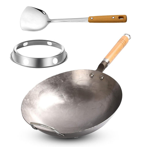 Carbon Steel Wok Pan, Stir Fry Pans, 13 Inch Wok Pan with Support Ring and Spatula, Nonstick Woks and Stir-fry Pans, No Chemical Coated Round Bottom Chinese Wok for Electric, Gas, All Stoves