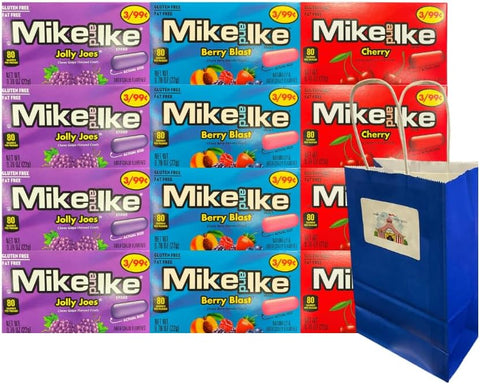 Variety Pack Mike and Ike Candy 12 Pack – 4 Jolly Joes, 4 Berry Blast, 4 Cherry – Fruity Chewy Candy – 0.78 oz Snack Size – With Blue Paper Gift Bag 5.25x3.2x8 Inch – Party Favors Treats