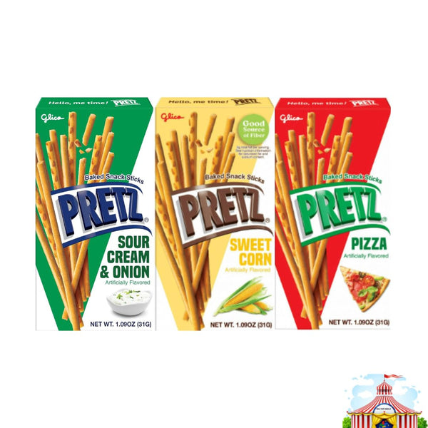 Variety Pack Sweet Corn Baked Snack Sticks Glico Pretz - 1.09 Ounce, 3 Delicious Flavors: Sweet Corn, Pizza, Sour Cream & Onion, Individually Wrapped, Perfect for Snacks, Lunches, and On-the-Go, 3 Pack