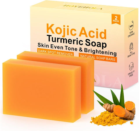 Turmeric Kojic Acid Soap Bar, Kojic Acid Soap for Face Body Hands, Deep Cleansing Natural Curcuma Bath Soaps Bar, Facial Cleanser Body Wash for Acne Blemish 2 Bars- 7OZ