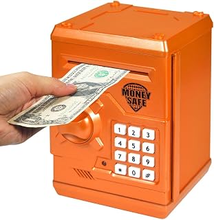 Piggy Bank for Kids ATM Cartoon Electronic Password Code Coin and Cash Saving Box Auto Scroll Paper Money Boys Girls Gift (Orange)