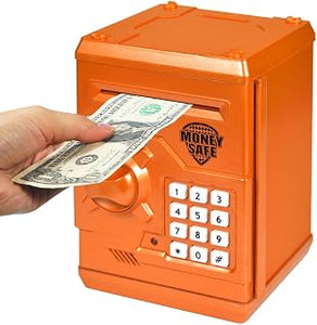 Piggy Bank for Kids ATM Cartoon Electronic Password Code Coin and Cash Saving Box Auto Scroll Paper Money Boys Girls Gift (Orange)