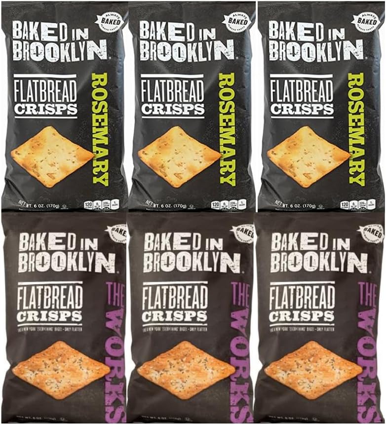 Generic Variety Pack Flatbread Crisps Baked in Brooklyn - 2 Flavors: Rosemary and The Works - 3 Each Flavor - 6 oz, 6 Pack - Gourmet Snack Crackers, Perfect for Parties, Cheese, and Wine Pairings