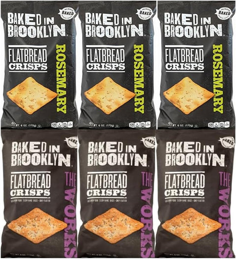 Generic Variety Pack Flatbread Crisps Baked in Brooklyn - 2 Flavors: Rosemary and The Works - 3 Each Flavor - 6 oz, 6 Pack - Gourmet Snack Crackers, Perfect for Parties, Cheese, and Wine Pairings
