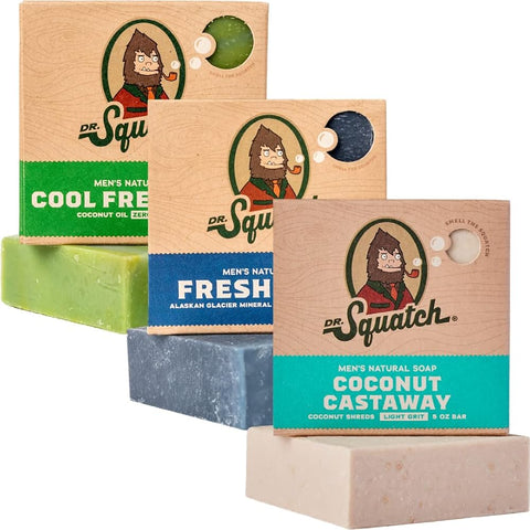 Dr. Squatch All Natural Bar Soap for Men, 3 Variety Pack, NEW Coconut Castaway, Fresh Falls, and Cool Aloe - Men's 0.99 pounds 15 Ounce - Personal Care
