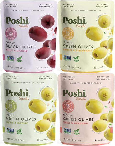 Big Top Deals USA Variety Pack Pitted Green & Kalamata Olives – 4 Flavors, Non-GMO Mediterranean Gourmet Snack, Travel Size Healthy On-the-Go Lunch Snack, Party Favor Gift Bag (4-Pack, 1.1oz Each)