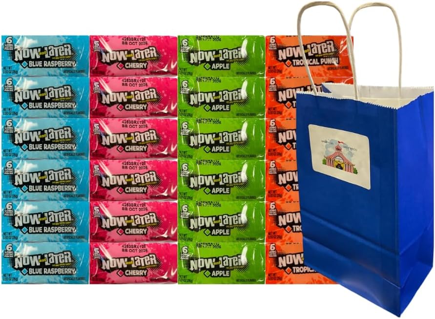 Variety Pack Now and Later Candy 24 Count – Individually Wrapped Chewy Candy with Cherry, Blue Raspberry, Apple, Tropical Punch – 0.93 oz Each – 5.25x3.2x8 Blue Paper Gift Bag